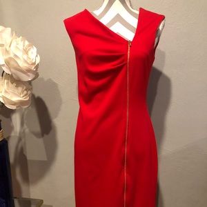 Fire engine red asymmetrical Calvin Klein dress